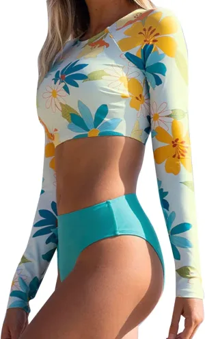 Long Sleeve Swimsuits for Women Two Piece Bikini Set Rash Guard Bathing Suit Long Sleeve Swimwear Crop Top Teen
