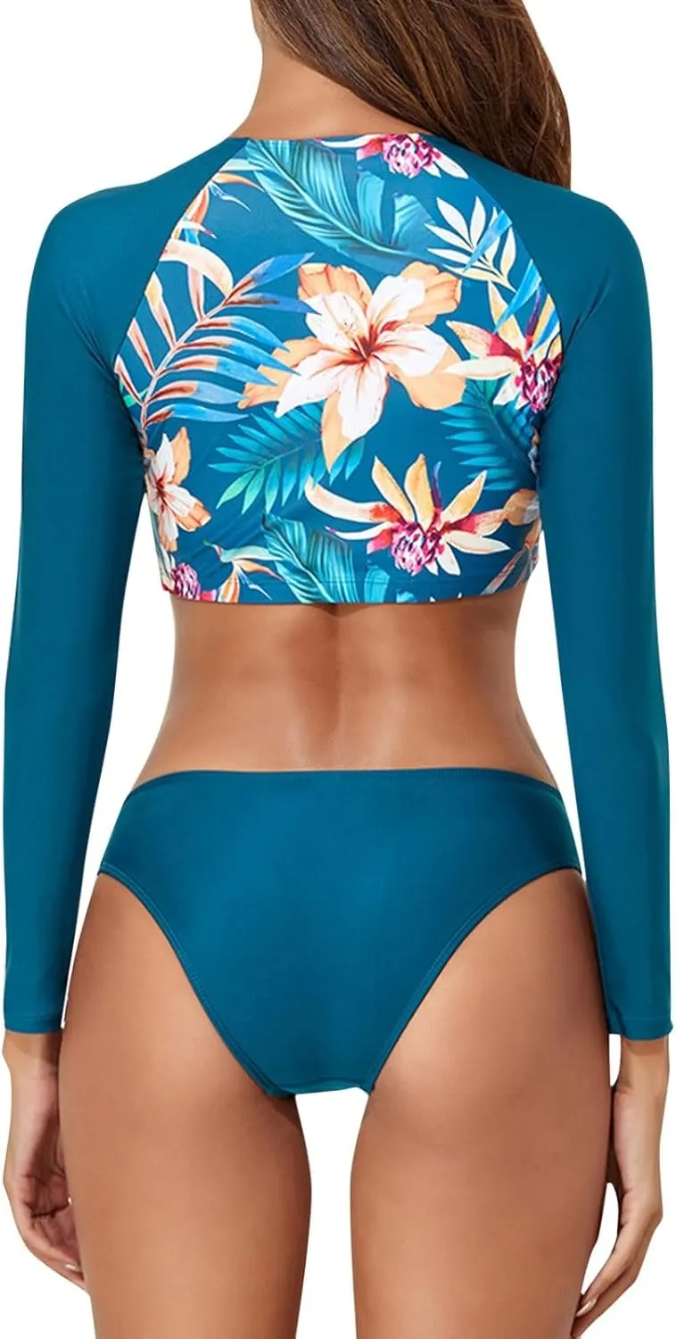 Long Sleeve Swimsuits for Women Two Piece Bikini Set Rash Guard Bathing Suit Long Sleeve Swimwear Crop Top Teen