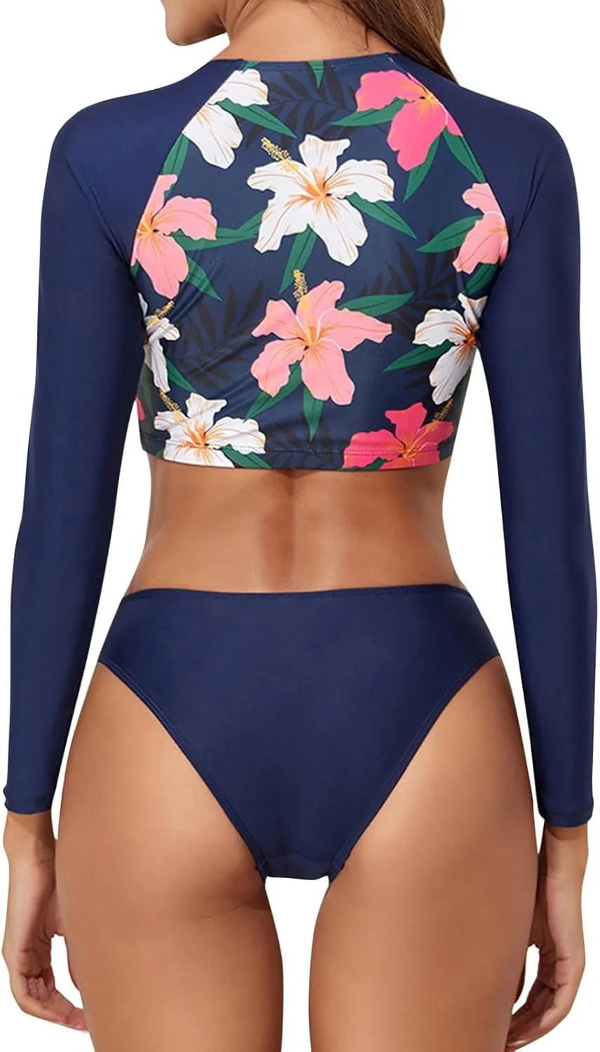 Long Sleeve Swimsuits for Women Two Piece Bikini Set Rash Guard Bathing Suit Long Sleeve Swimwear Crop Top Teen