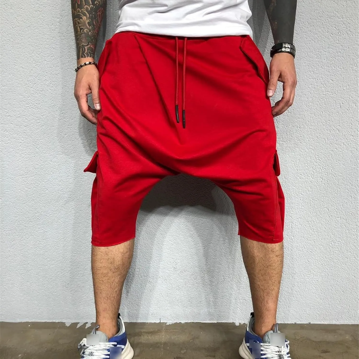 Maiyifu-GJ Men's Baggy Low Crotch 3/4 Joggers Hippie Harem Jogger Capri Pants Multi Pockets Drop Crotch Yoga Sweatpants