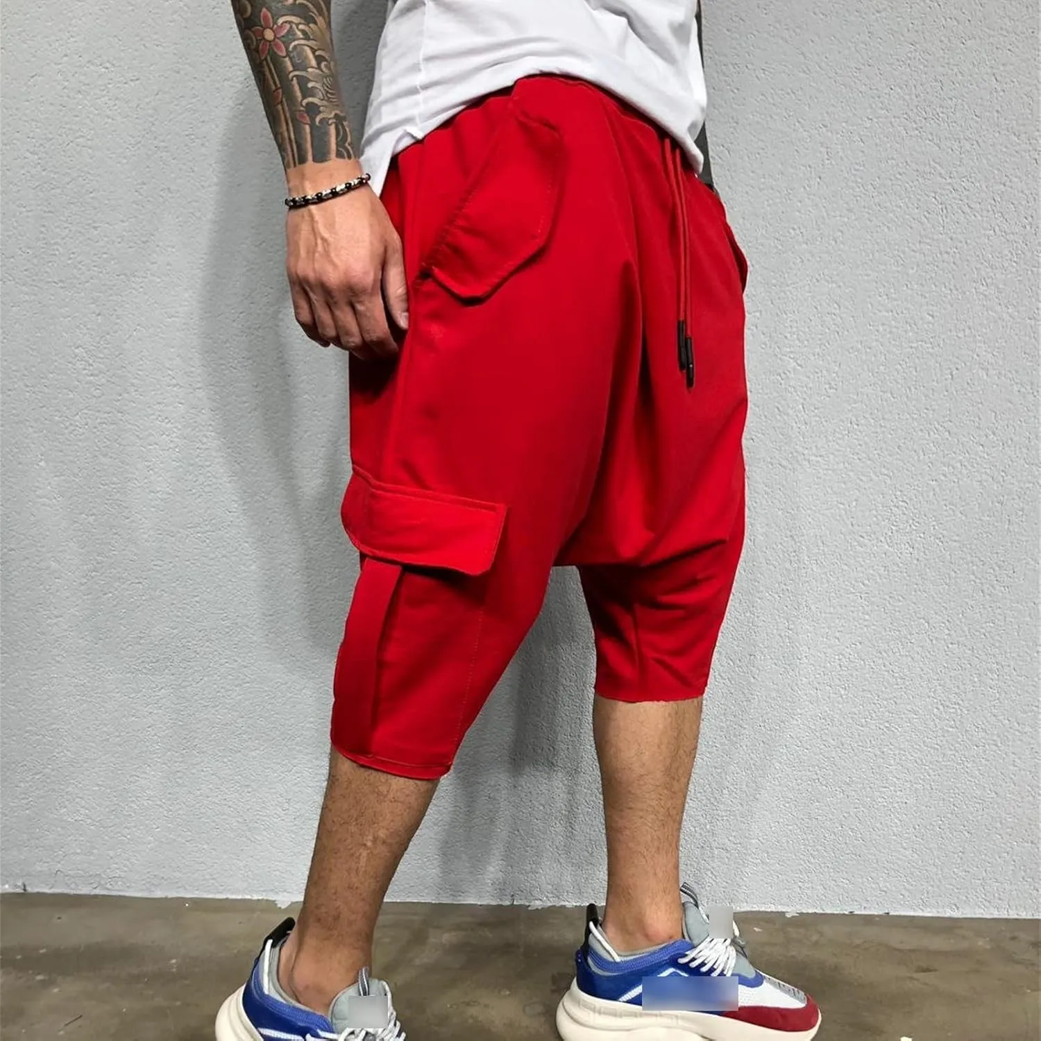 Maiyifu-GJ Men's Baggy Low Crotch 3/4 Joggers Hippie Harem Jogger Capri Pants Multi Pockets Drop Crotch Yoga Sweatpants