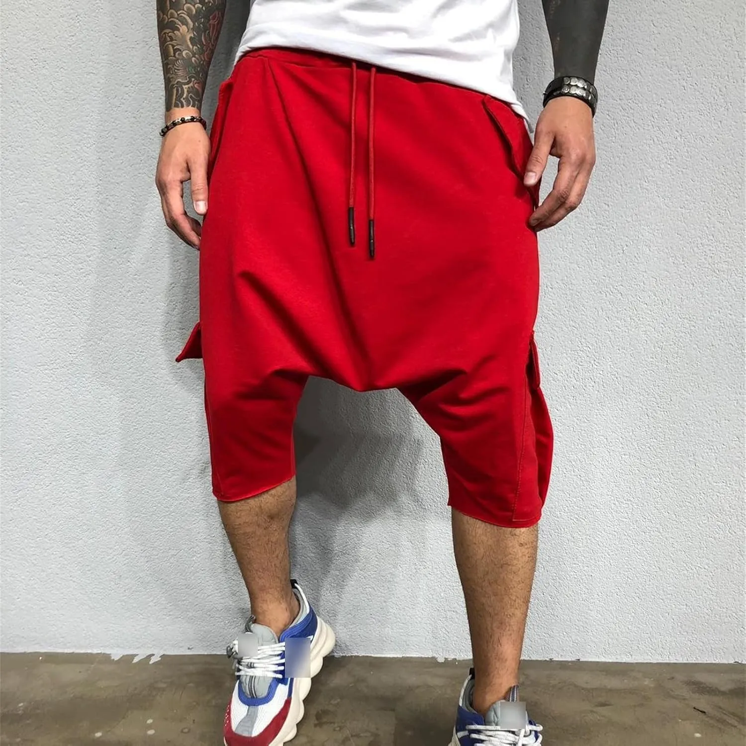 Maiyifu-GJ Men's Baggy Low Crotch 3/4 Joggers Hippie Harem Jogger Capri Pants Multi Pockets Drop Crotch Yoga Sweatpants