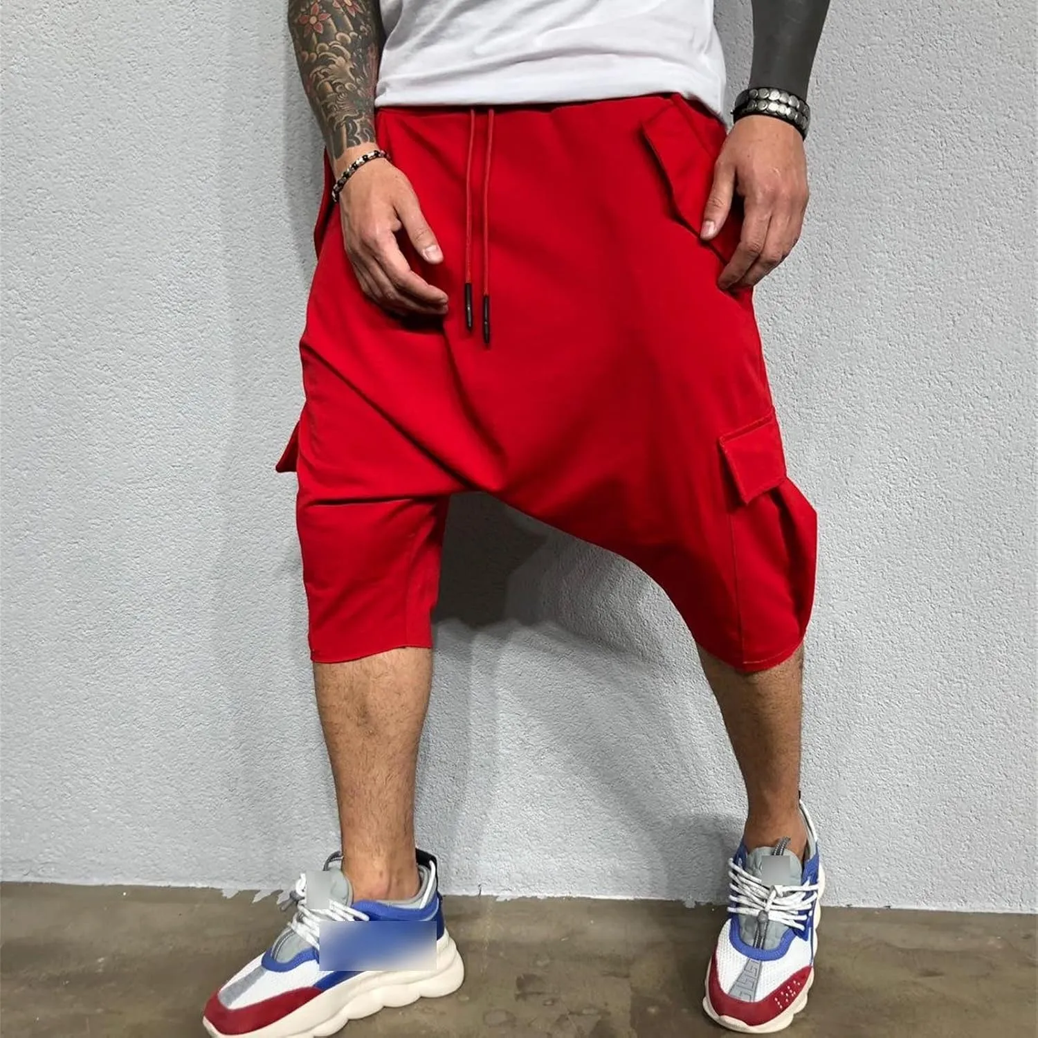 Maiyifu-GJ Men's Baggy Low Crotch 3/4 Joggers Hippie Harem Jogger Capri Pants Multi Pockets Drop Crotch Yoga Sweatpants
