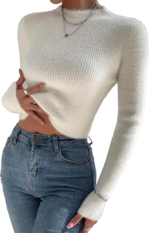 MakeMeChic Women's Fuzzy Sweater Long Sleeve Mock Neck Slim Fit Basic Sweater Pullovers
