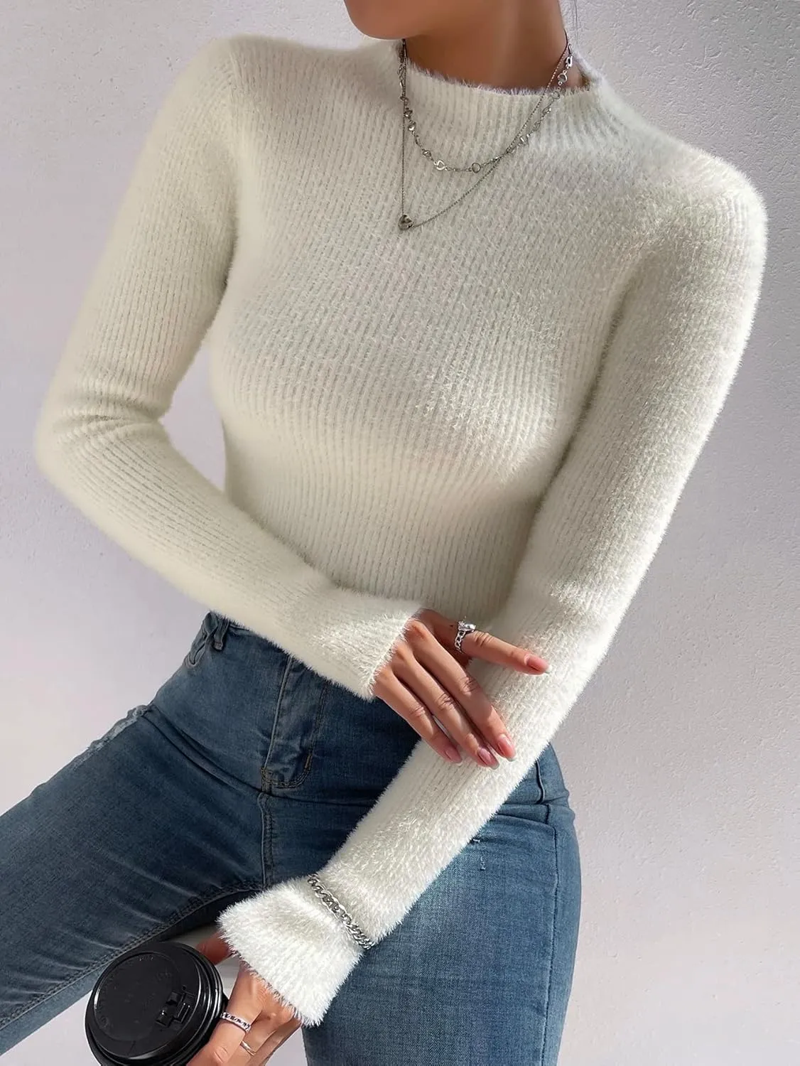 MakeMeChic Women's Fuzzy Sweater Long Sleeve Mock Neck Slim Fit Basic Sweater Pullovers