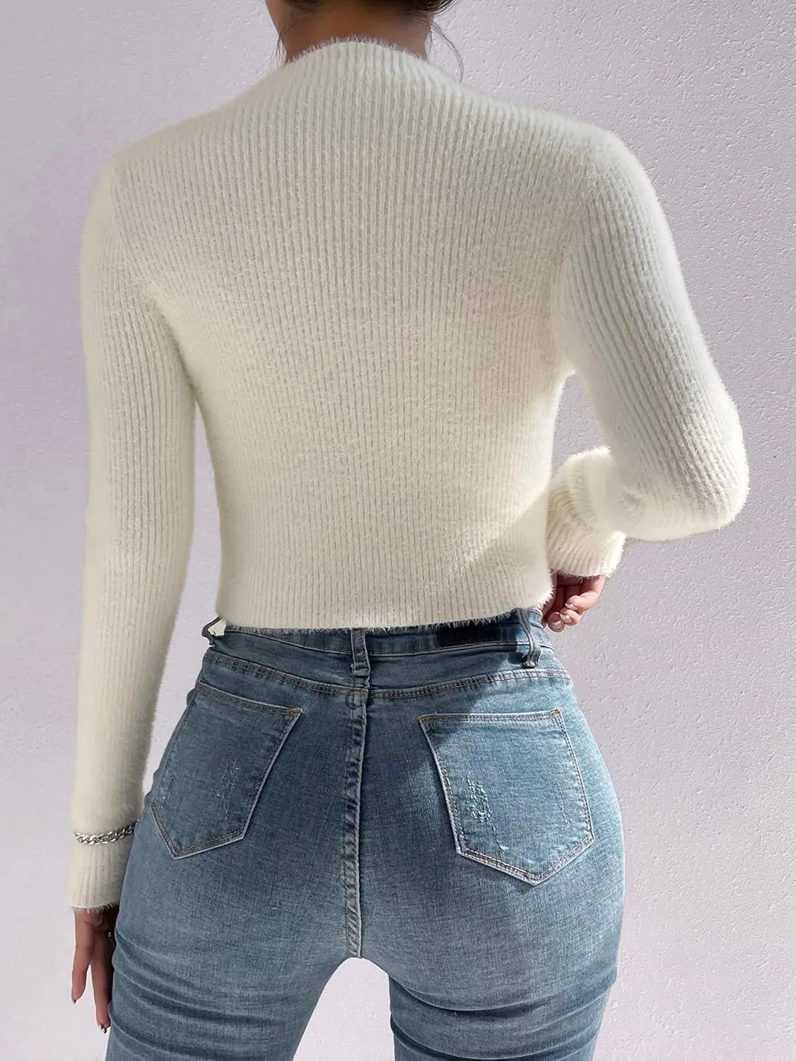 MakeMeChic Women's Fuzzy Sweater Long Sleeve Mock Neck Slim Fit Basic Sweater Pullovers