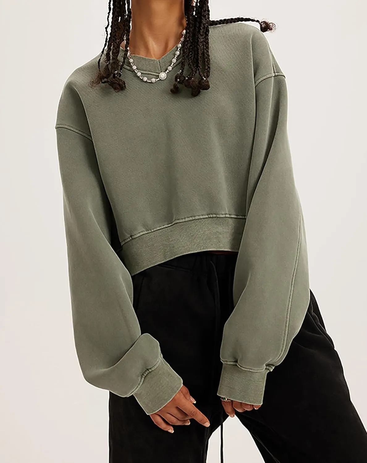 Meladyan Women Casual Cropped Sweatshirt Basic Solid Long Sleeve Fleece V Neck Loose Drop Shoulder Pullover Crop Tops Vintage