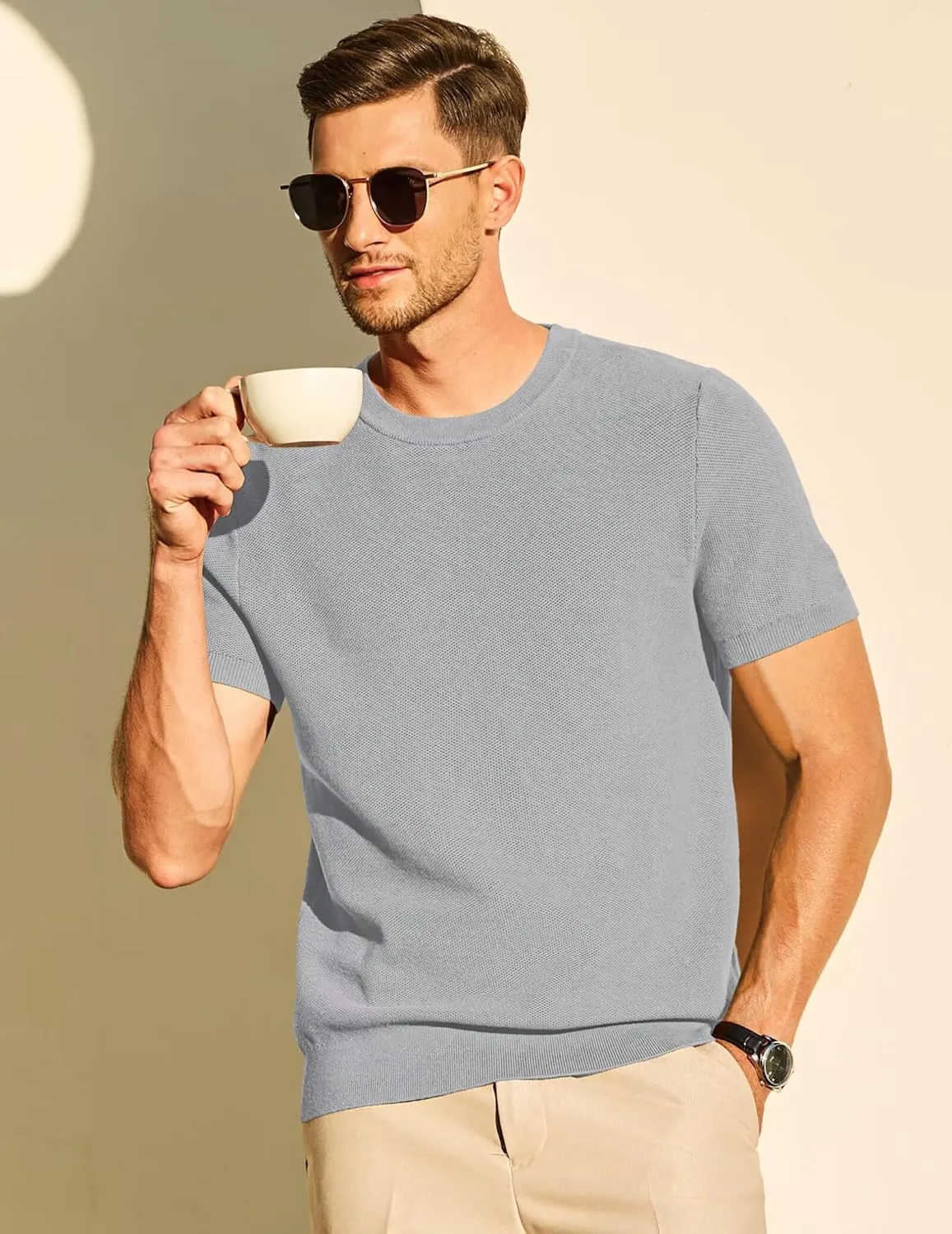 Mens 100% Cotton T-Shirts Casual Short Sleeve Crewneck Knit Shirts Summer Waffle Solid Knitted Pullover Sweater