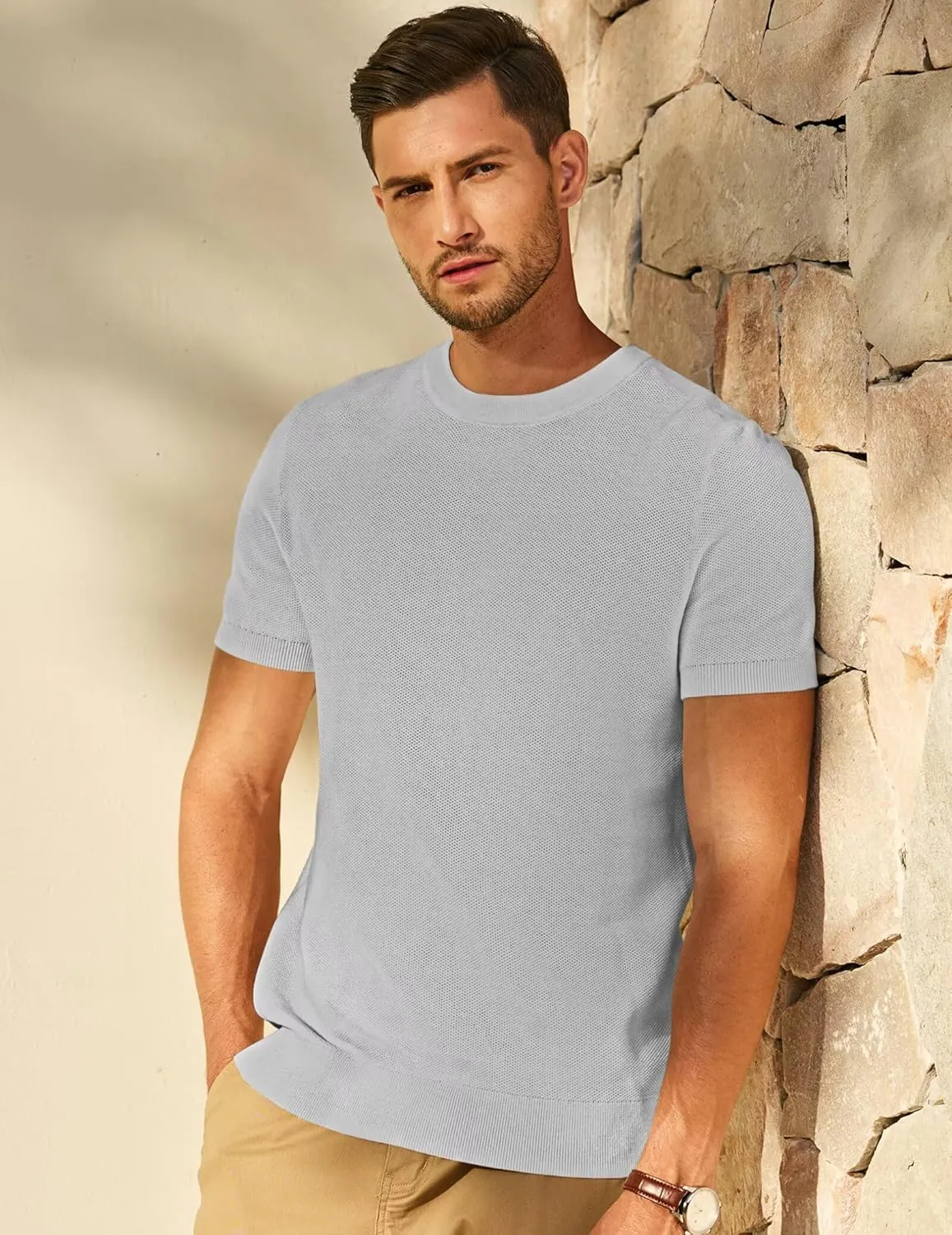 Mens 100% Cotton T-Shirts Casual Short Sleeve Crewneck Knit Shirts Summer Waffle Solid Knitted Pullover Sweater