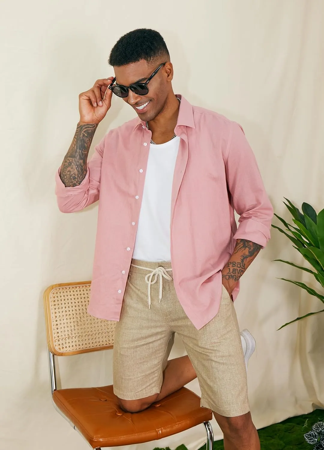 Men's 100% Linen Shirt Long Sleeve Button Down Casual Beach Shirts Plus Size