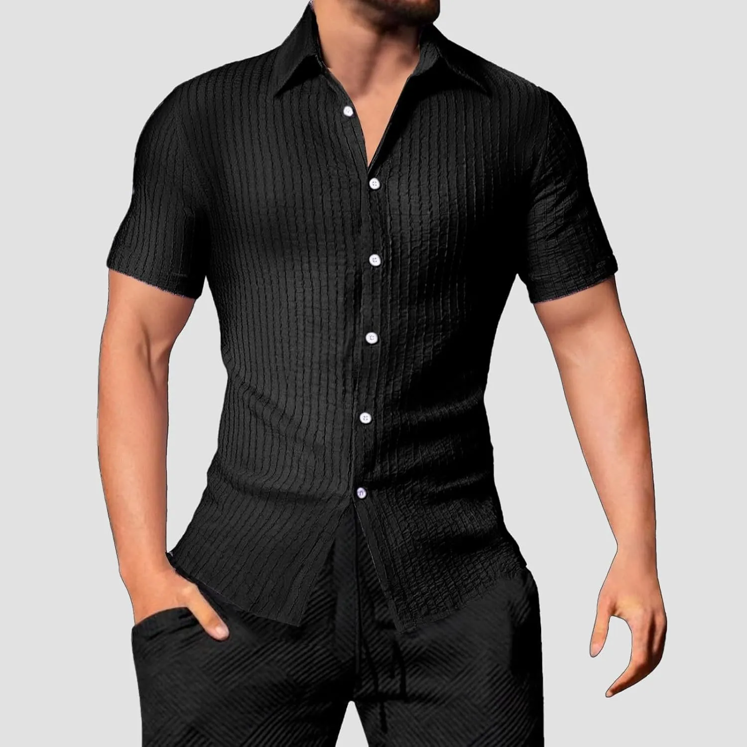 Men's Button Down Shirts Short Sleeve Casual Dress Shirts Summer Solid Beach Vacation Shirts 2025 Summer