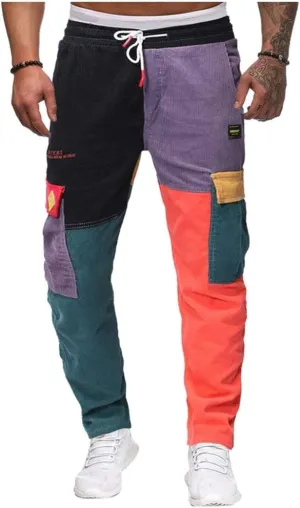 Mens Cargo Work Pants Mens Cargo Pants Patchwork Multi-Pockets Outdoor Casual Jogger Pants Streetwear with Drawstring