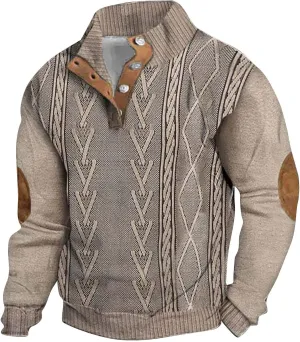 Mens Casual Twist Pattern Pullover Sweatshirts Long Sleeve Cable Knit Sweater Stand Collar Button Up Thermal Pullover