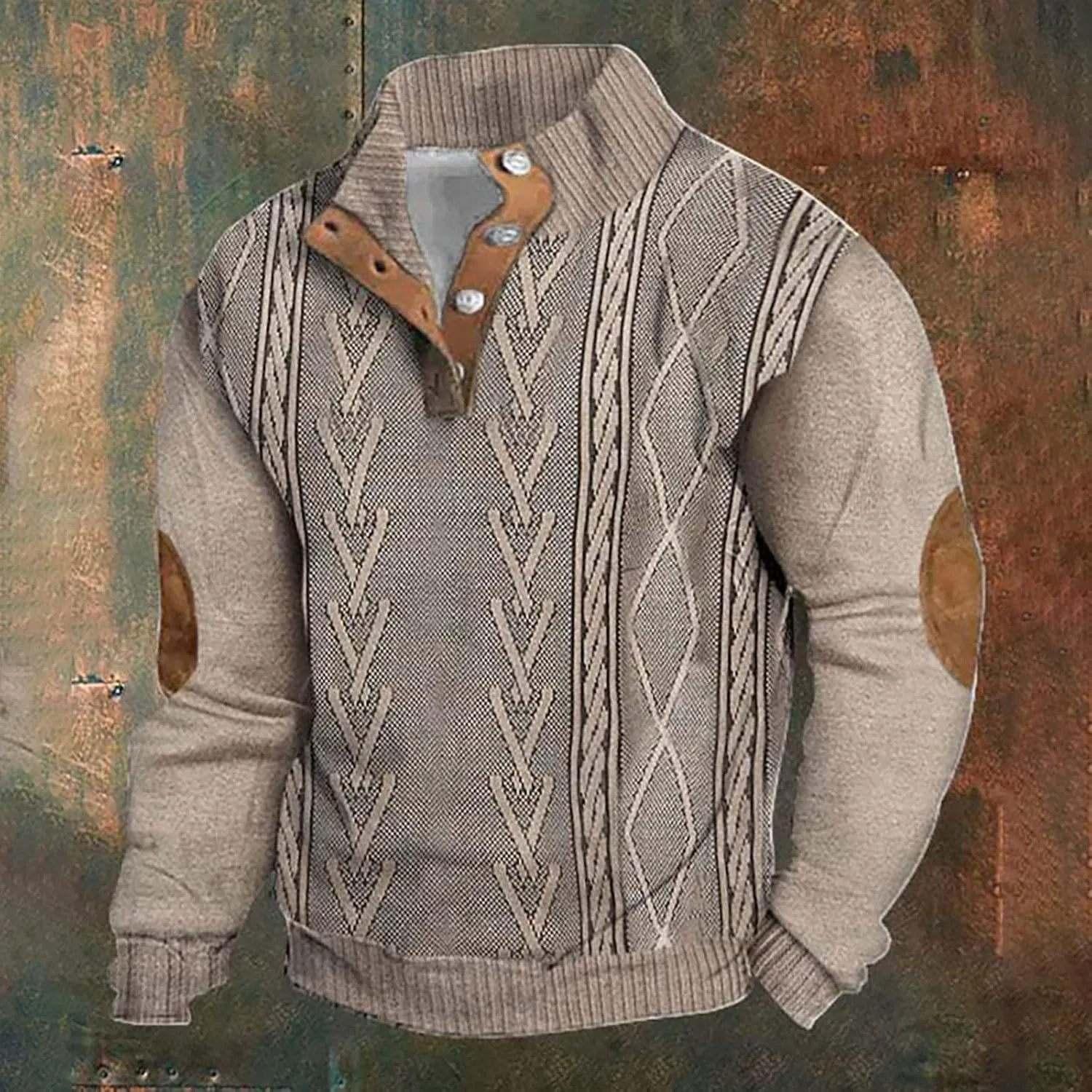 Mens Casual Twist Pattern Pullover Sweatshirts Long Sleeve Cable Knit Sweater Stand Collar Button Up Thermal Pullover