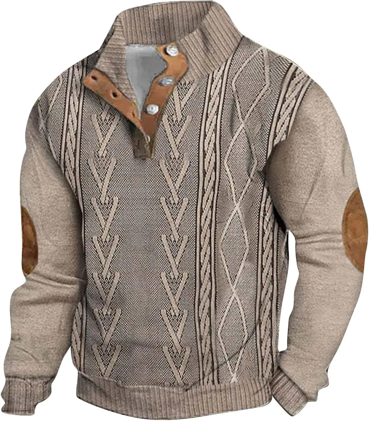 Mens Casual Twist Pattern Pullover Sweatshirts Long Sleeve Cable Knit Sweater Stand Collar Button Up Thermal Pullover