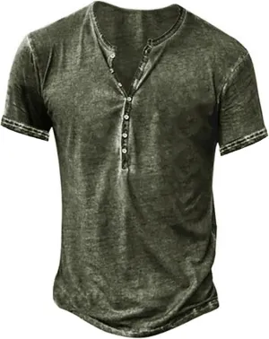 Mens Distressed Henley Shirts Retro Short Sleeve Tee Shirts Casual Button Down Washed T-Shirts for Men