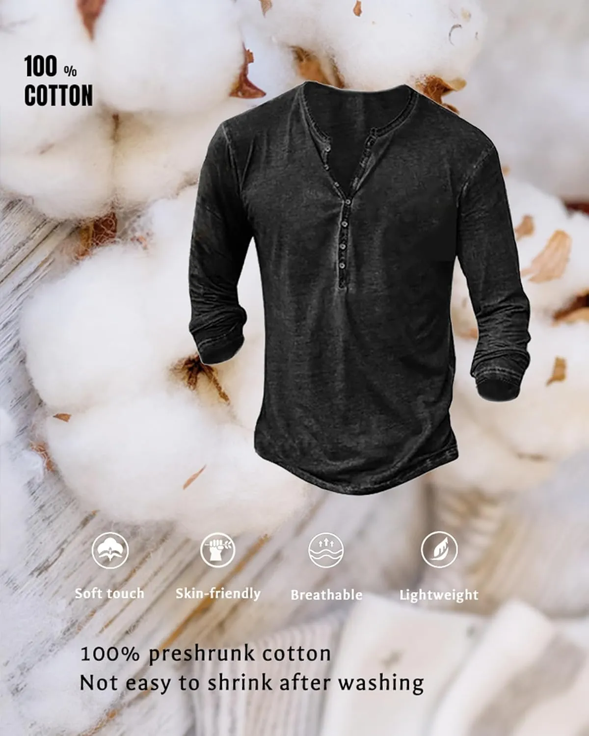 Mens Distressed Henley Shirts Vintage Long Sleeve Shirts Casual Button Down V Neck T Shirts for Men