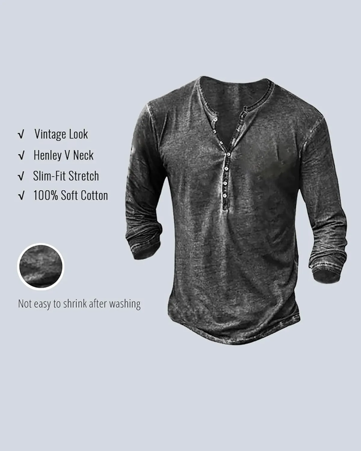 Mens Distressed Henley Shirts Vintage Long Sleeve Shirts Casual Button Down V Neck T Shirts for Men