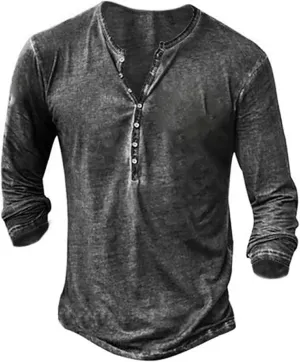 Mens Distressed Henley Shirts Vintage Long Sleeve Shirts Casual Button Down V Neck T Shirts for Men