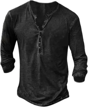 Mens Distressed Henley Shirts Vintage Long Sleeve Shirts Casual Button Down V Neck T Shirts for Men