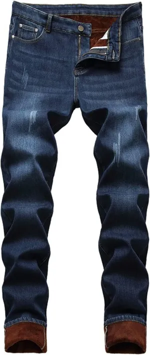 Men's Fleece Lined Jeans Slim-Fit Thick Warm Trousers in Winter Thicken Elastic Jean Pants with Flannel Lining