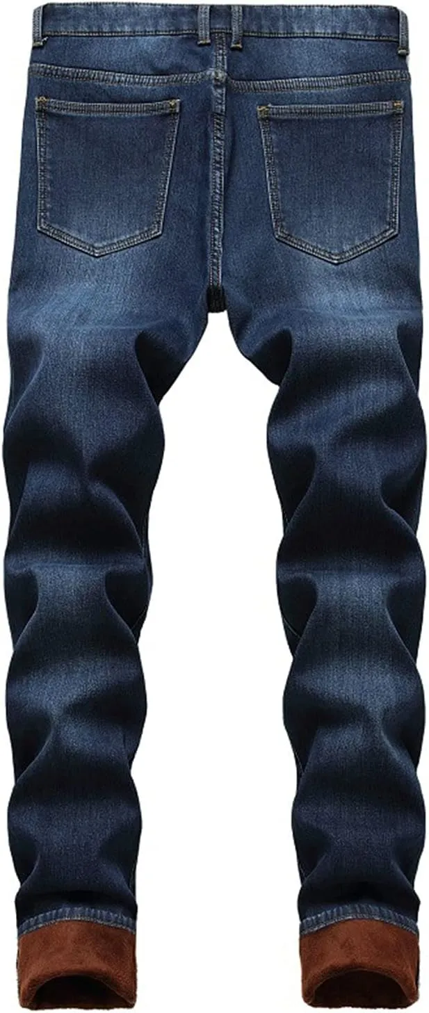 Men's Fleece Lined Jeans Slim-Fit Thick Warm Trousers in Winter Thicken Elastic Jean Pants with Flannel Lining