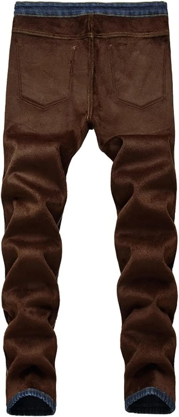 Men's Fleece Lined Jeans Slim-Fit Thick Warm Trousers in Winter Thicken Elastic Jean Pants with Flannel Lining