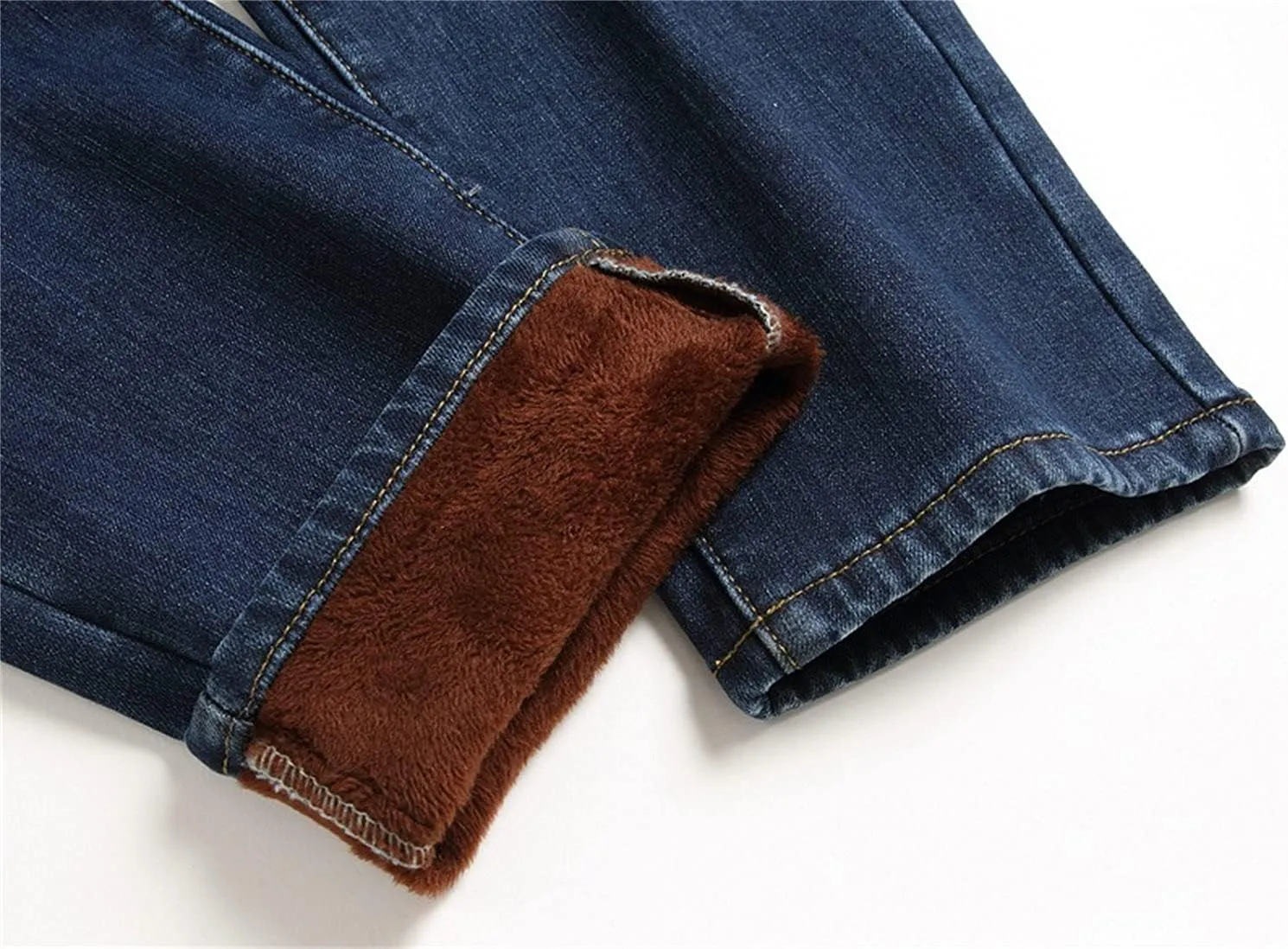 Men's Fleece Lined Jeans Slim-Fit Thick Warm Trousers in Winter Thicken Elastic Jean Pants with Flannel Lining