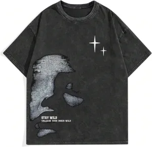 Men's Letter Graphic T Shirts Oversized Drop Shoulder Short Sleeve Vintage Streetwear Crew Neck Casual Tee Top