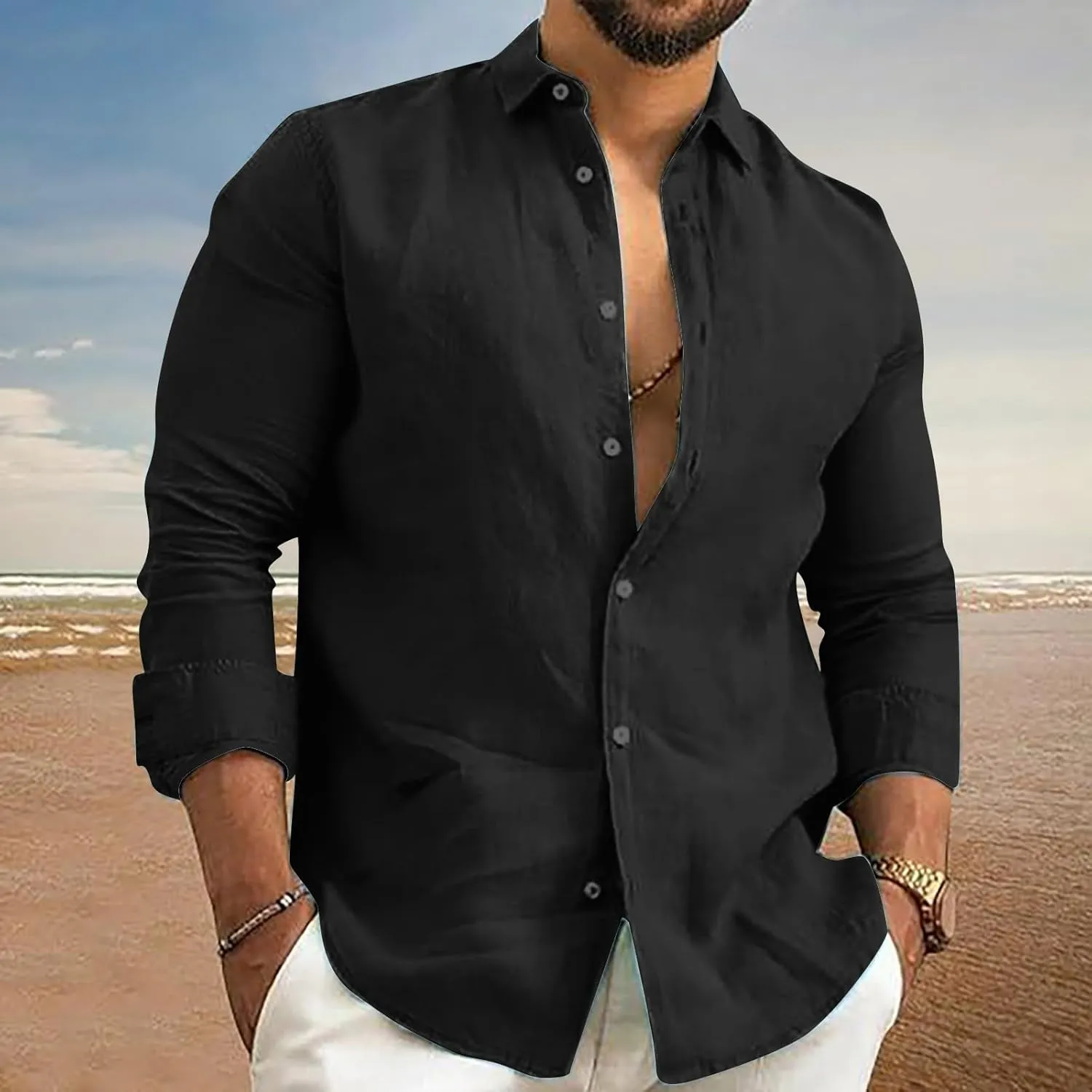 Men's Long Sleeve Button Down Dress Shirts Color Striped Business Casual Work Shirts Untucked Stretch Cuban Shirts