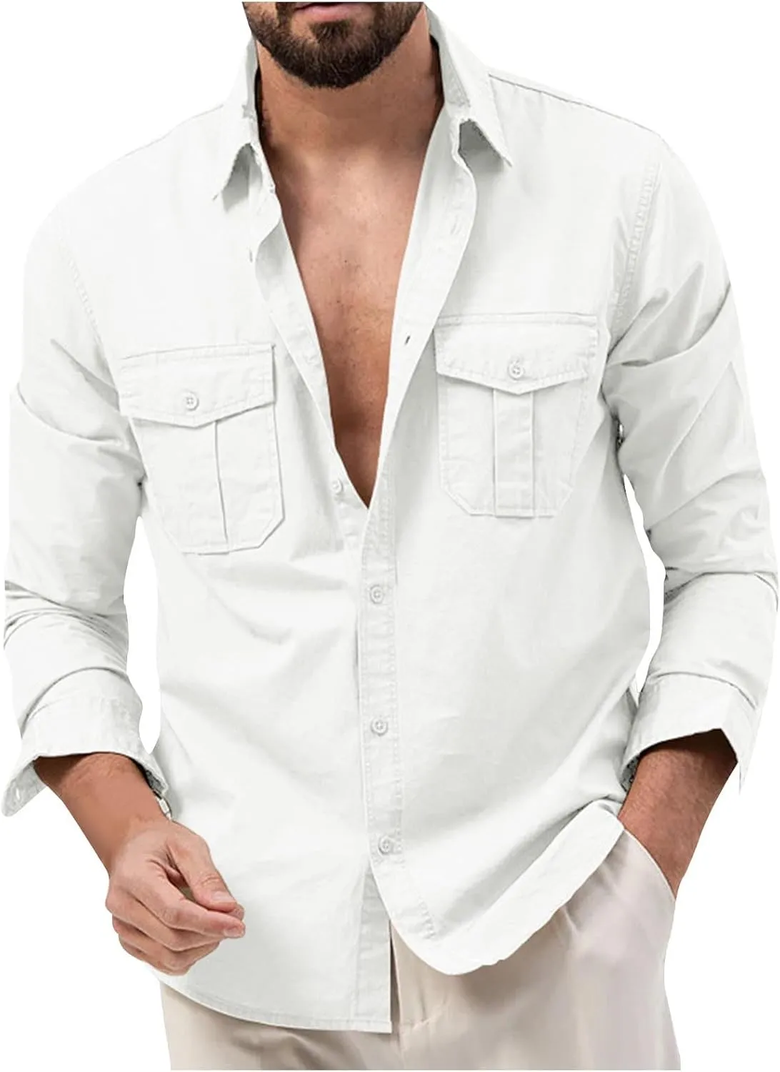 Mens Long Sleeve Safari Shirts Casual Loose Tactical Cargo Work Shirts Outdoor Lightweight Button Down Travel Shirts
