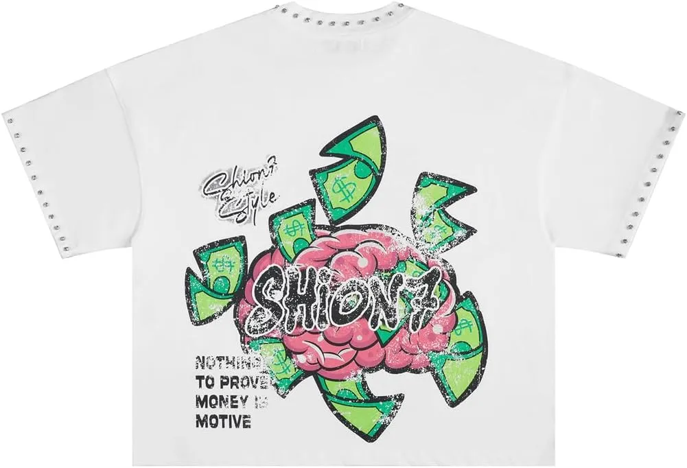 Men's Oversized T-Shirt, Crew Neck Short Sleeve Graphic Printed Tee for Men, Rhinestone Embellished Baggy Cropped T-Shirts