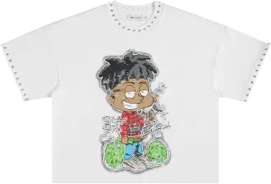 Men's Oversized T-Shirt, Crew Neck Short Sleeve Graphic Printed Tee for Men, Rhinestone Embellished Baggy Cropped T-Shirts