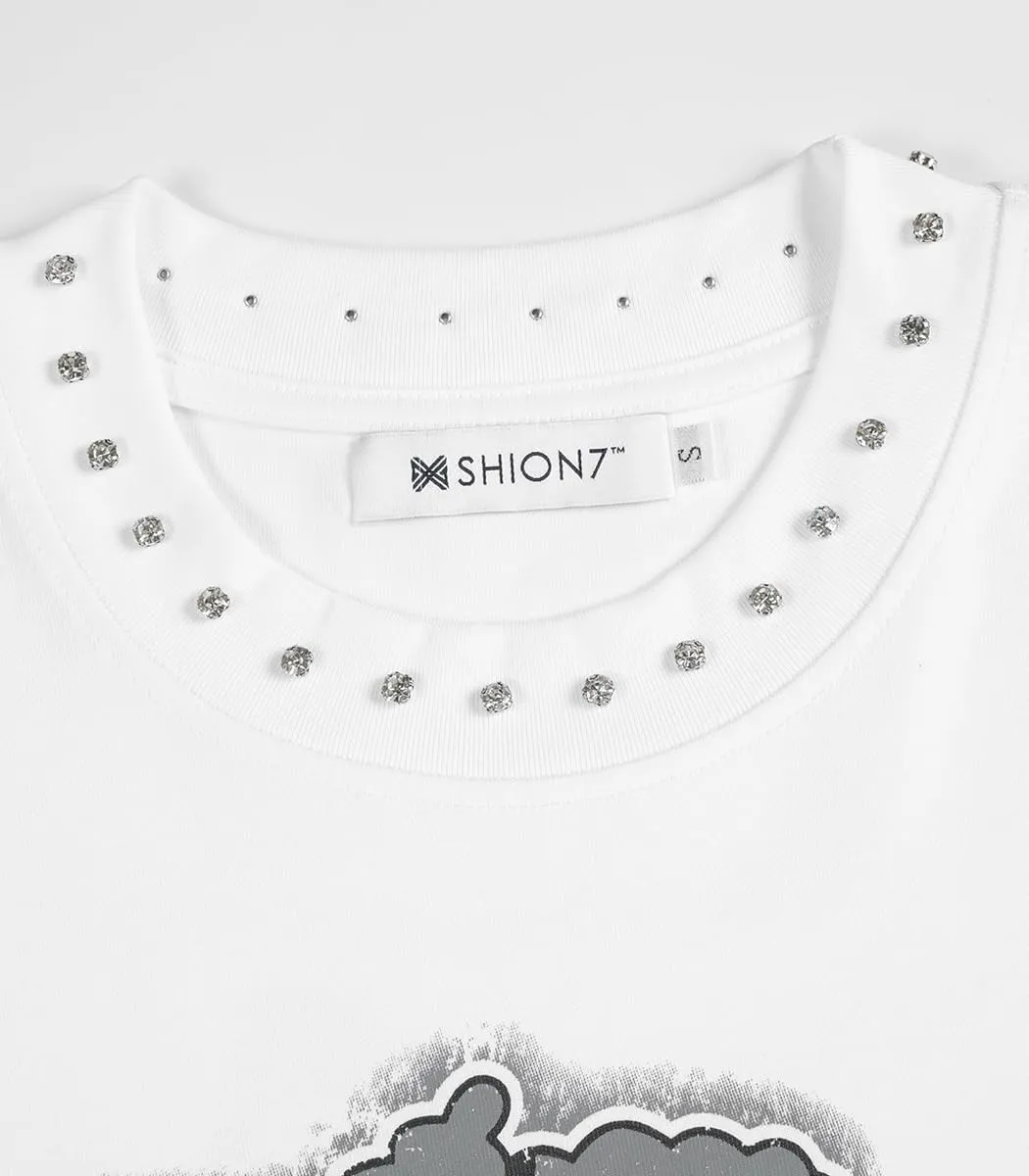 Men's Oversized T-Shirt, Crew Neck Short Sleeve Graphic Printed Tee for Men, Rhinestone Embellished Baggy Cropped T-Shirts