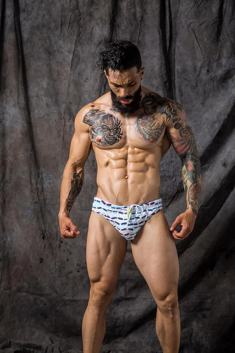 Mens Removable Pad Quick Dry Print Swim Briefs Adjustable Drawstring Surfing Short