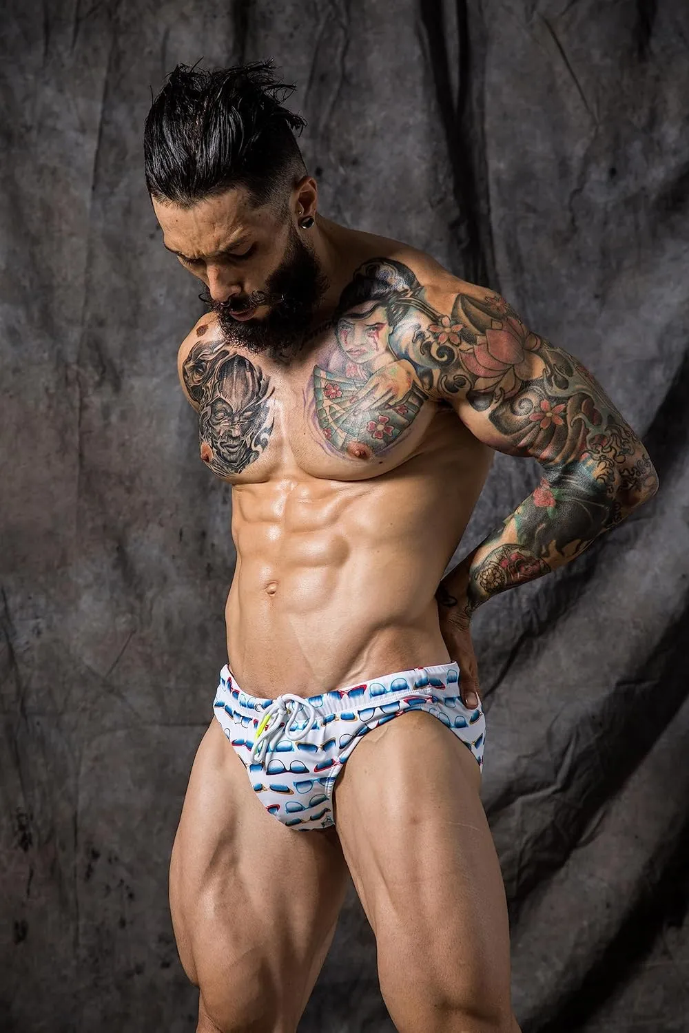 Mens Removable Pad Quick Dry Print Swim Briefs Adjustable Drawstring Surfing Short
