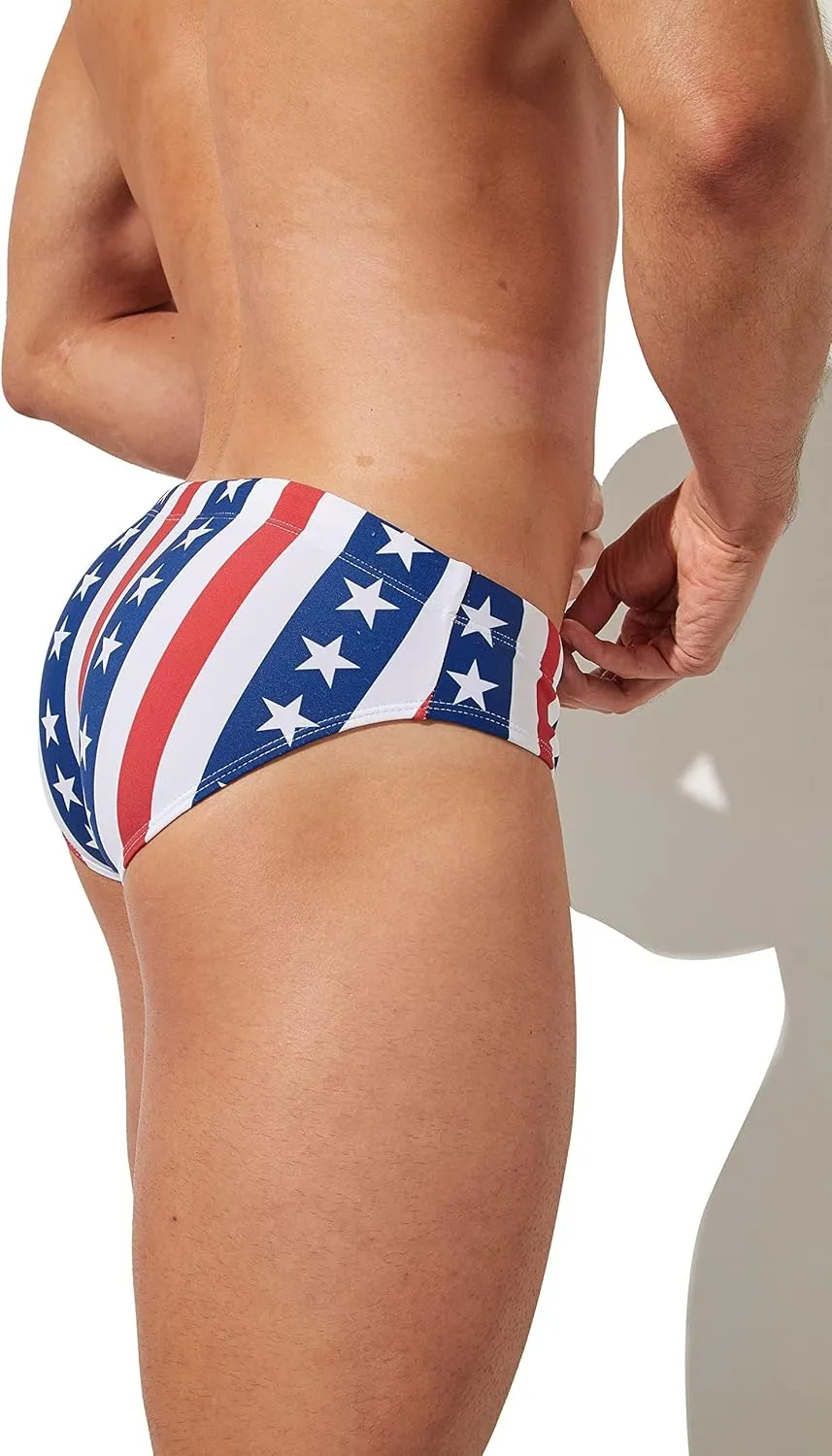 Mens Removable Pad Quick Dry Print Swim Briefs Adjustable Drawstring Surfing Short