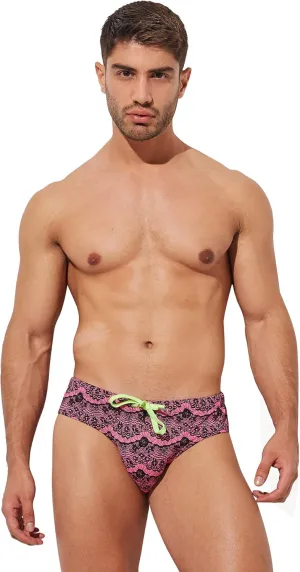 Mens Removable Pad Quick Dry Print Swim Briefs Adjustable Drawstring Surfing Short