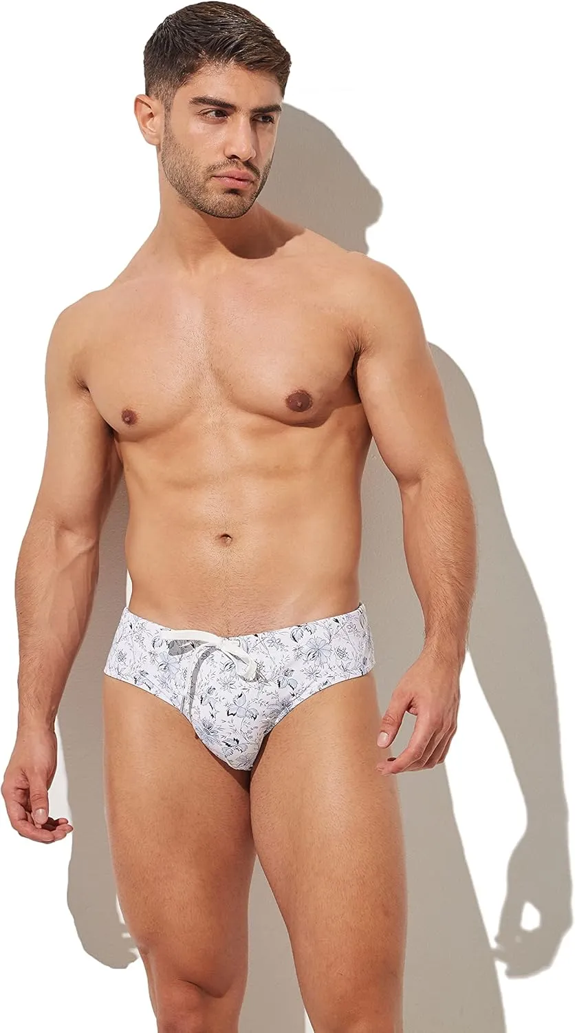 Mens Removable Pad Quick Dry Print Swim Briefs Adjustable Drawstring Surfing Short