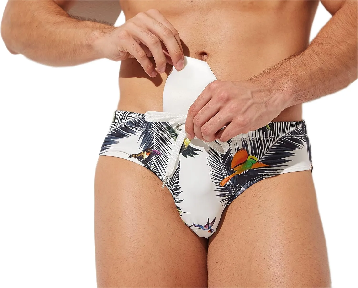 Mens Removable Pad Quick Dry Print Swim Briefs Adjustable Drawstring Surfing Short