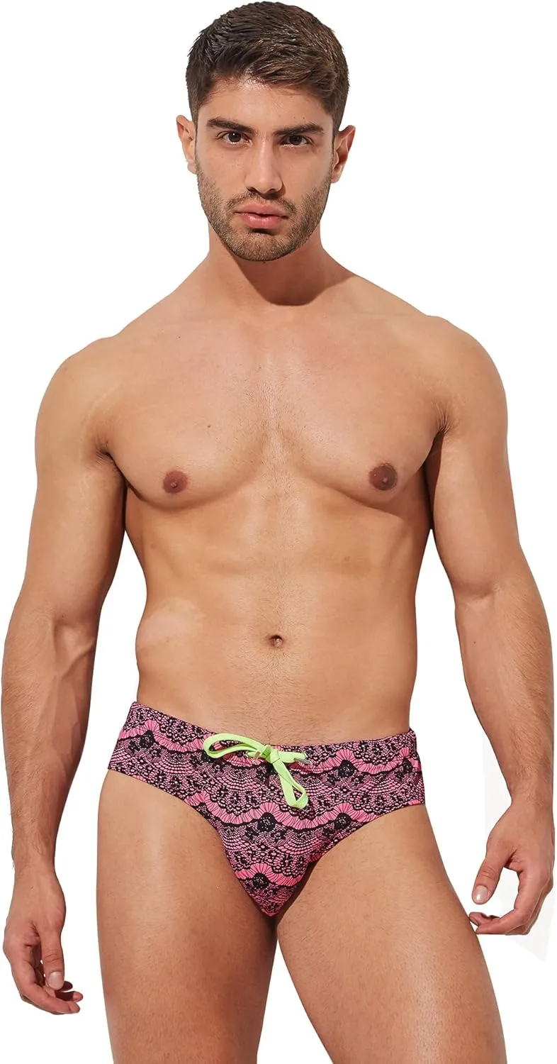 Mens Removable Pad Quick Dry Print Swim Briefs Adjustable Drawstring Surfing Short