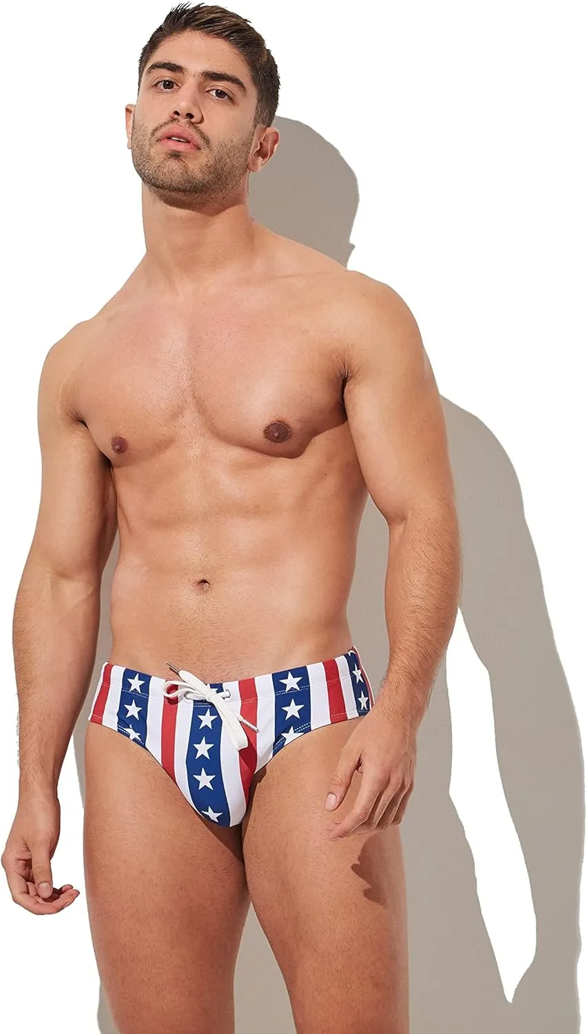 Mens Removable Pad Quick Dry Print Swim Briefs Adjustable Drawstring Surfing Short