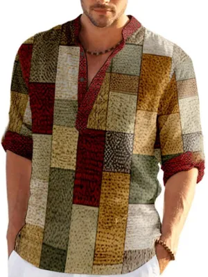 Mens Shirt Graphic Henley Shirts Colorful Plaid Linen Shirts for Men 3/4 Sleeve T-Shirts