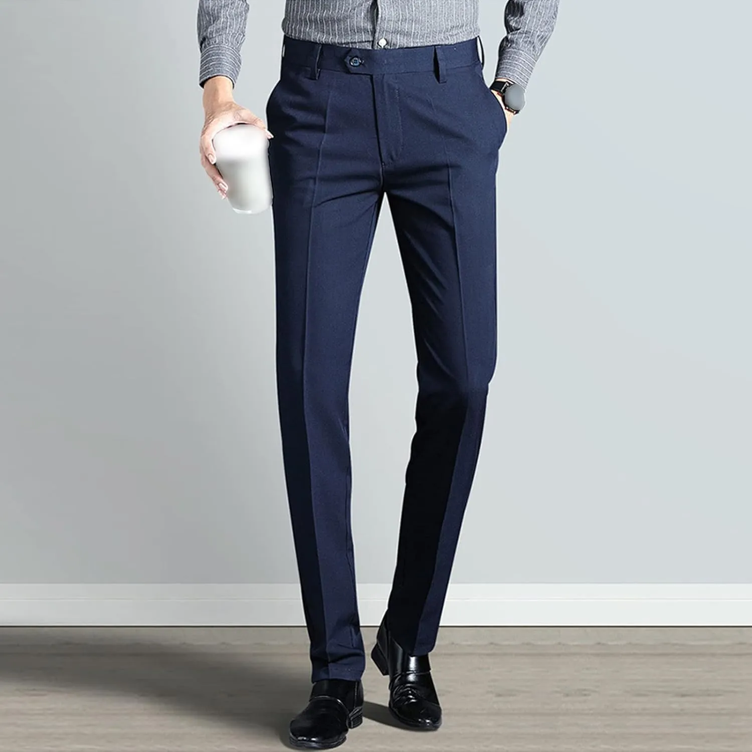 Men's Solid Slim Fit Dress Pant Classic Straight Leg Casual Suit Pant Lightweight Business Party Trousers