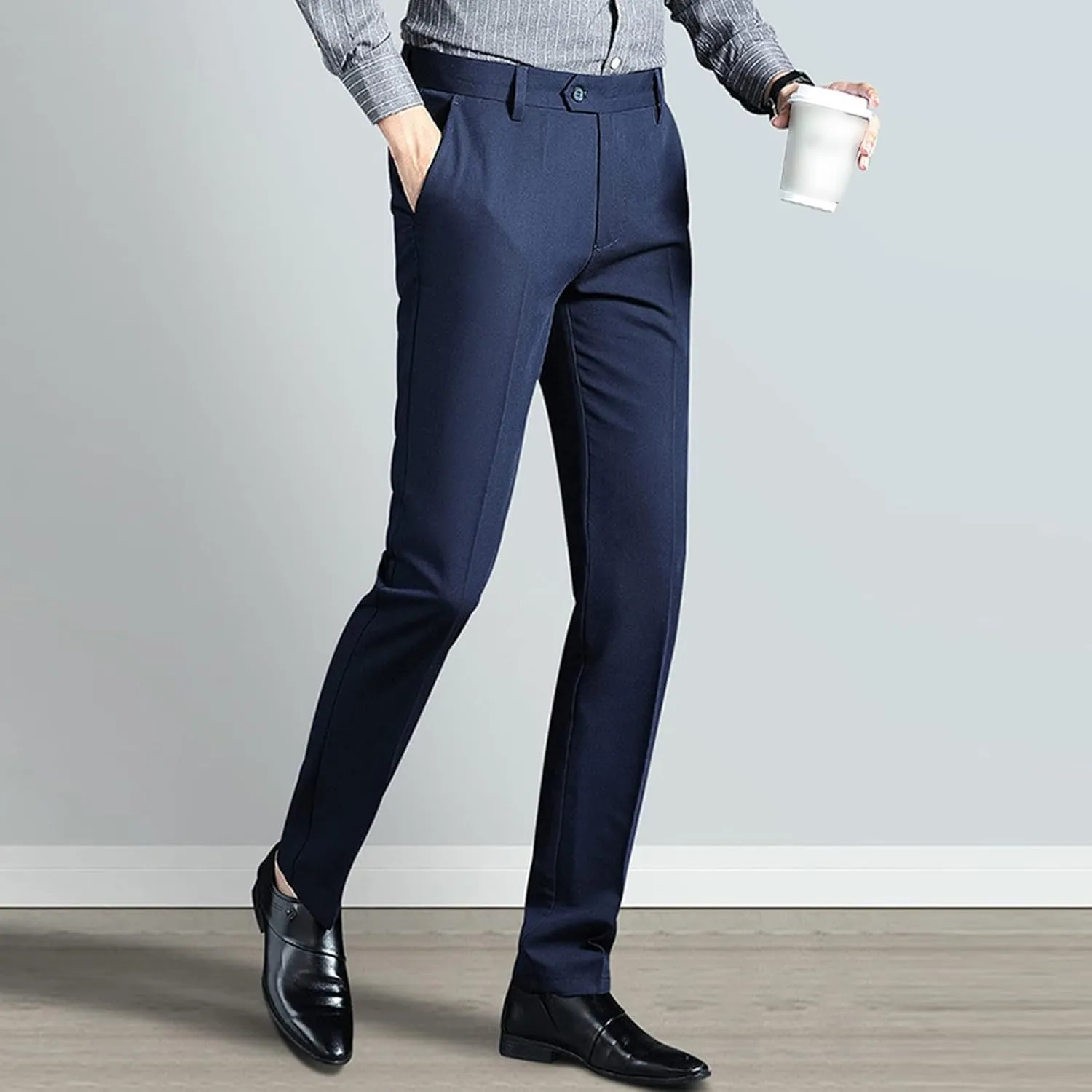 Men's Solid Slim Fit Dress Pant Classic Straight Leg Casual Suit Pant Lightweight Business Party Trousers