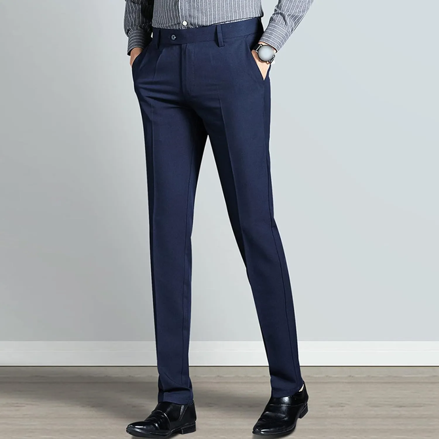 Men's Solid Slim Fit Dress Pant Classic Straight Leg Casual Suit Pant Lightweight Business Party Trousers