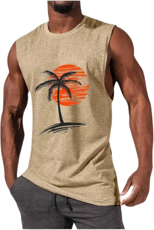 Mens Summer Beach Tank Top Hawaiian Palm Tree Print Sleeveless Muscle Basic Tee Vacation Tops