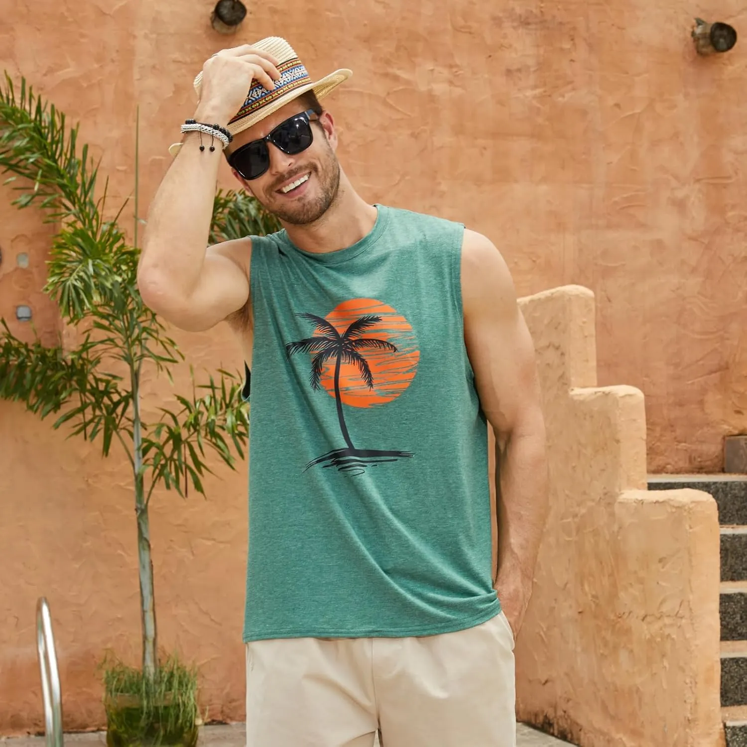 Mens Summer Beach Tank Top Hawaiian Palm Tree Print Sleeveless Muscle Basic Tee Vacation Tops