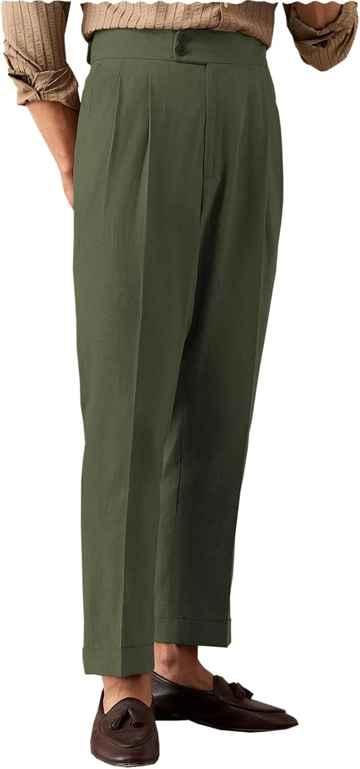 Men's Summer Naples Casual Linen Pants Retro Flat Front Straight Western Gurkha Trousers