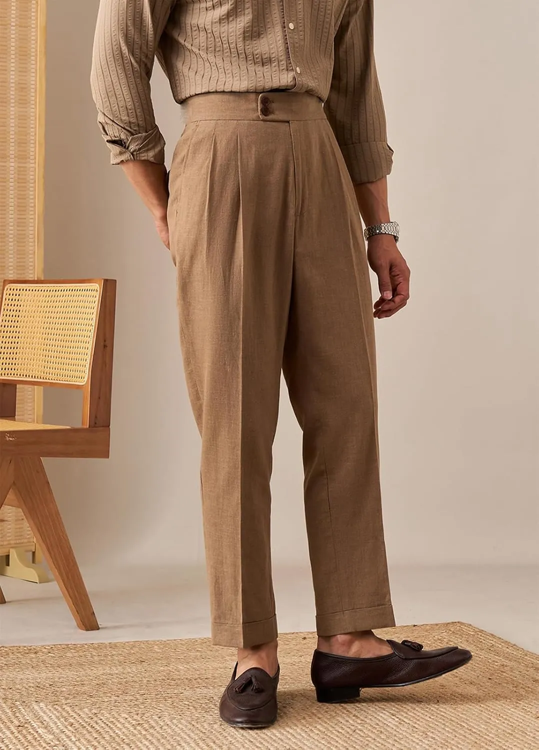 Men's Summer Naples Casual Linen Pants Retro Flat Front Straight Western Gurkha Trousers